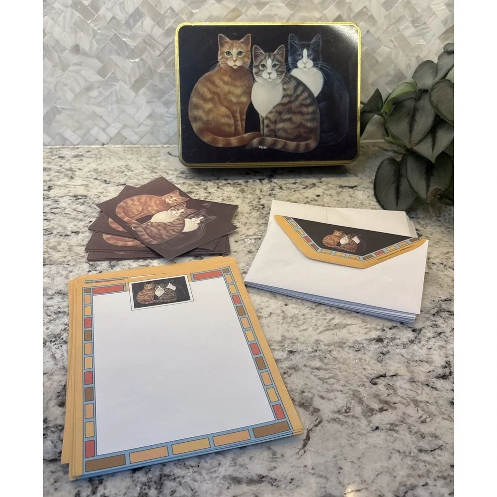 Stephen Lawrence Vintage Cat Trio Note Stationary Tin 1995 with Cards Kitty READ